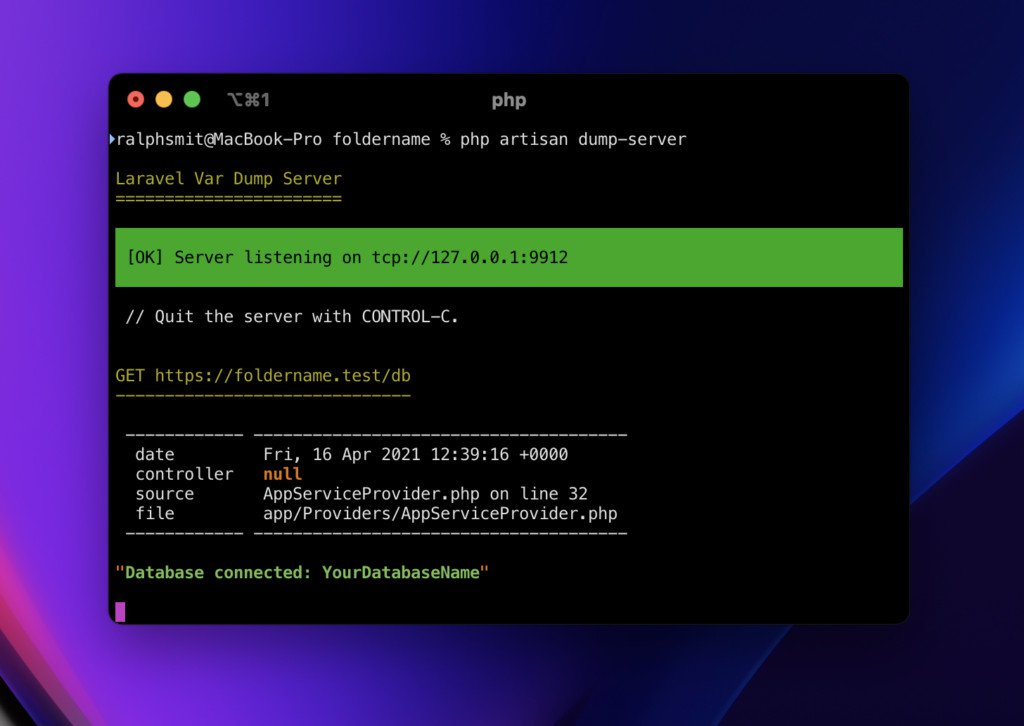 Using the Laravel Dump-server with PHP artisan to check database connection