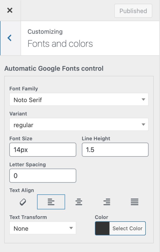 The typography control in the Kirki customizer framework.