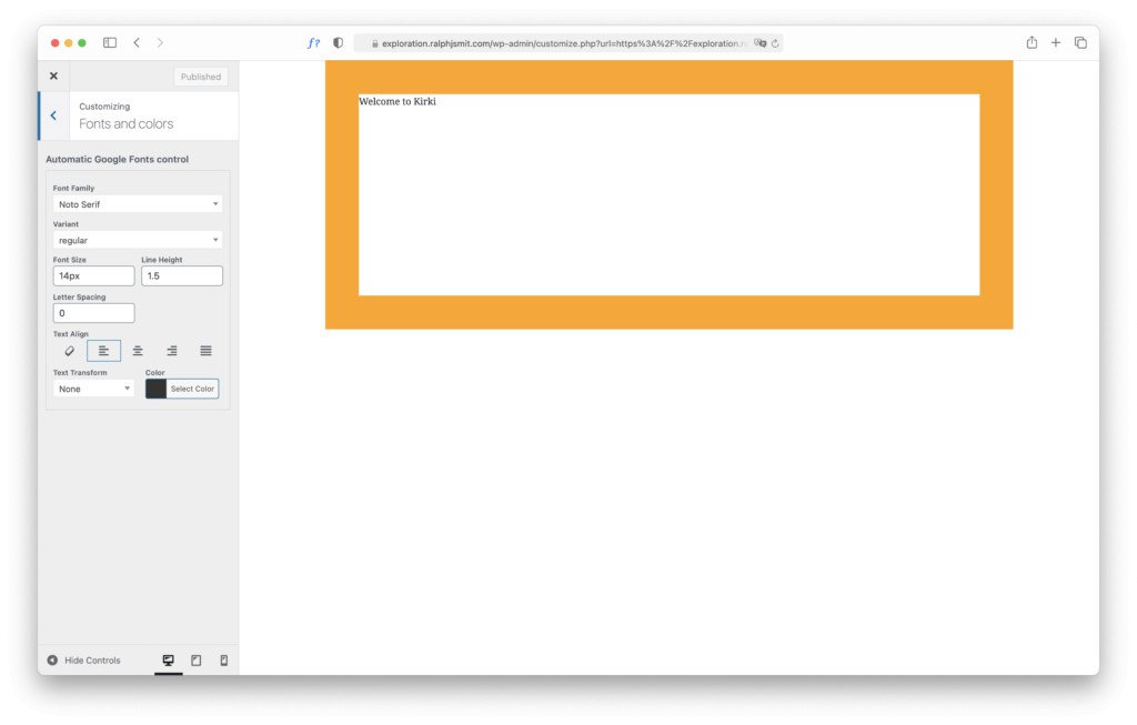The Kirki typography control and the result on the example page.