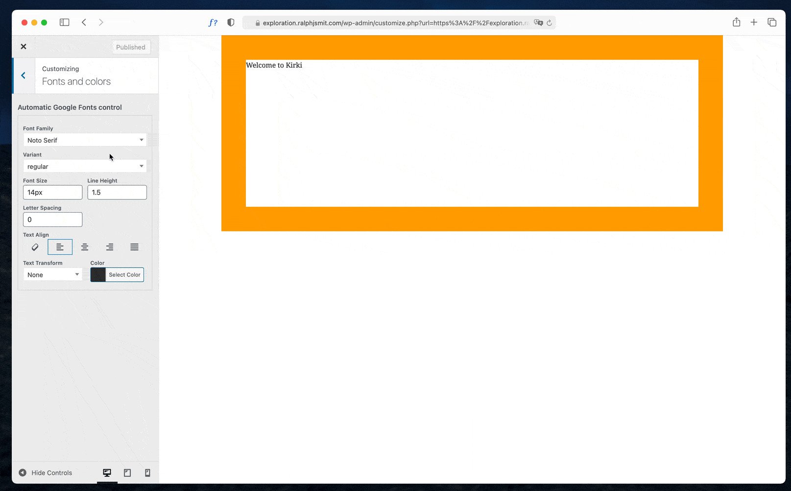 Modifying several fields of the Kirki typography control to demonstrate the potential of the Kirki framework.