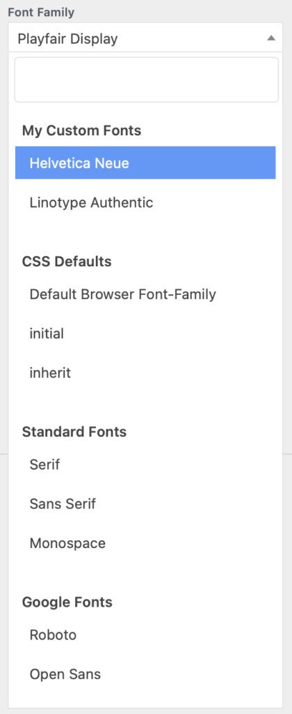 The four sections in the Kirki typography control you have control over as a developer.
