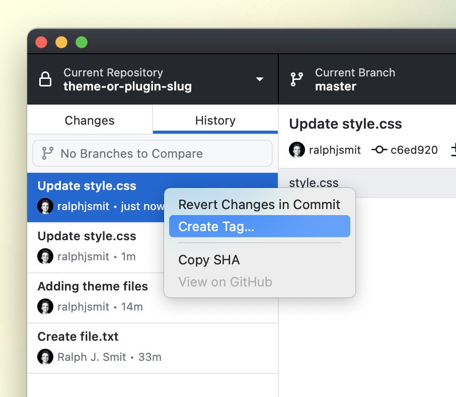 Creating a tag with GitHub desktop to version our files for the WordPress update mechanism.